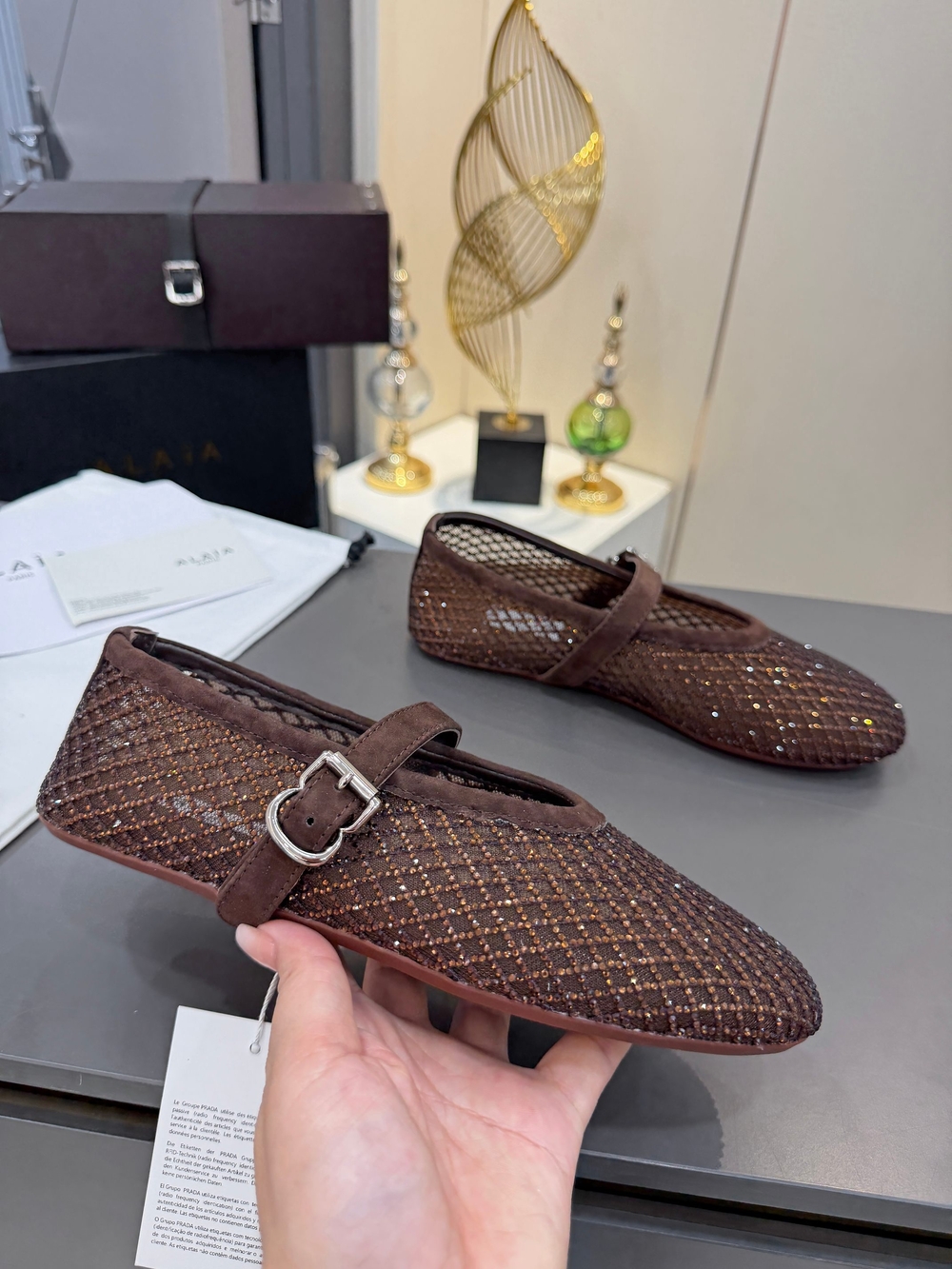 ALAÏA Dark Brown Rhinestone Ballet Flats - Picture 2 of 8